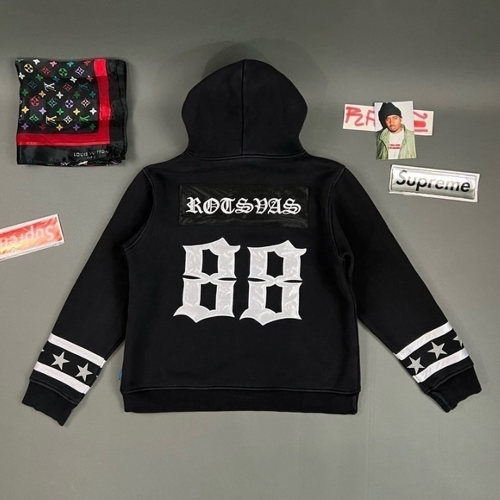 ROCK STEADY Gothic Script Embroidered Spell Out Double Sided Boxy Hoodie - Picture 3 of 15
